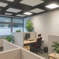 Paravan Decibel v tkanine Memory , na strope oblaky a na stene PET panel V-cut