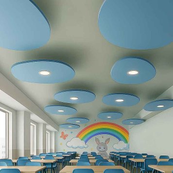 Modré ovály s lampou v jedalni školy