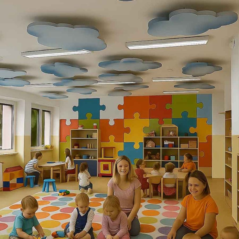 Stropné oblaky AIR a filcové puzzle na stene