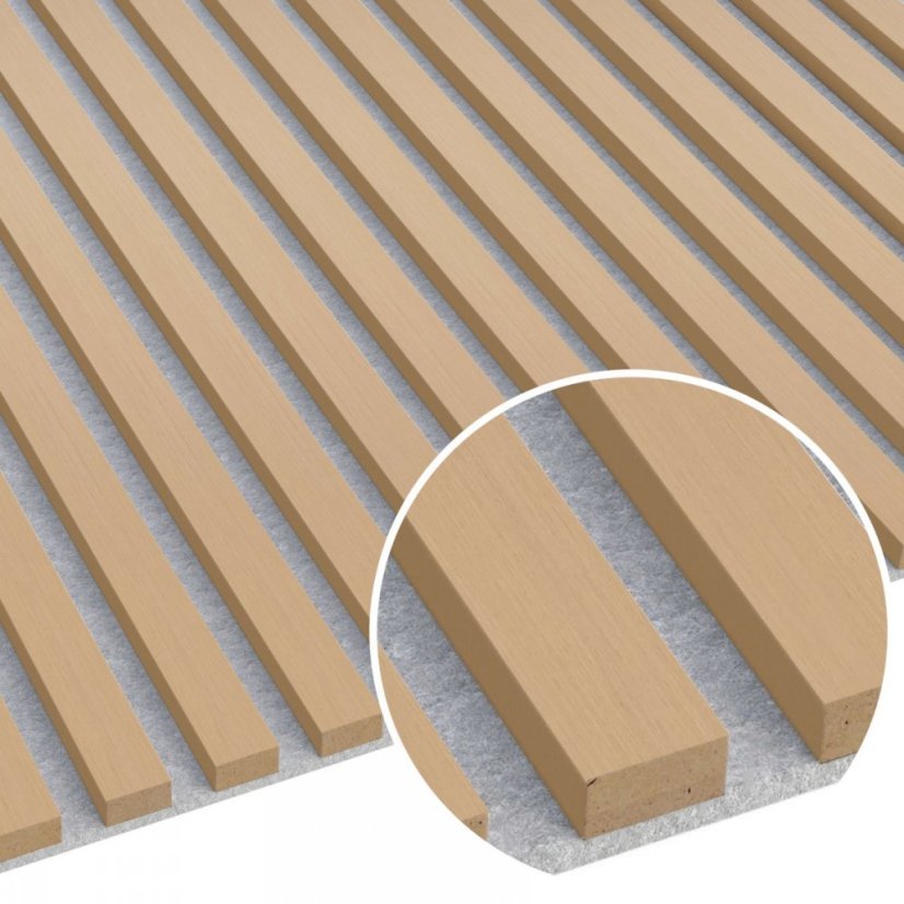 Drevené lamely - Wood-Stripes - Dĺžka: 2750mm, Farba lamely - MDF povrch Fólia 2700/30/24mm       šírka panelu 300mm: Dub natural, Filc podložka 8mm farby: Čierna, Hrúbka: 24mm, Váha 1 ks: 7,5 kg, Šírka: 300mm
