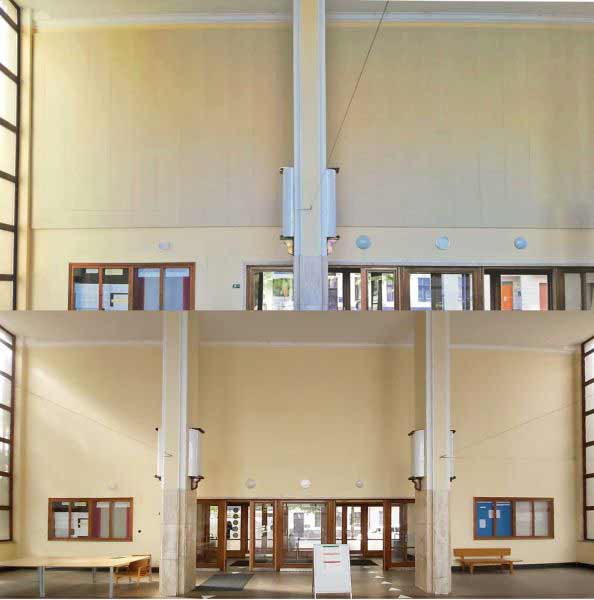 MInerálny panel Modular XXL na stene fakulty architektúry s výborným účinkom. Požiadavka na min. výraznosť panelu...stav pred a po...
