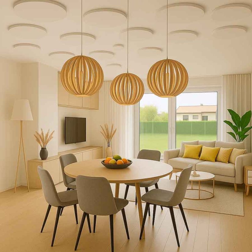 Akustické tienidlo Katrin v tvare gule so sadou kruhov nalepenych na strope