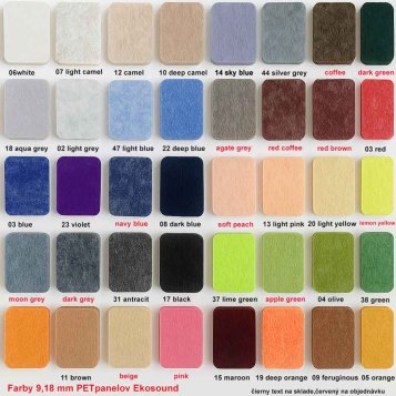 Dostupne farby PET panelov v hrubke 9mm